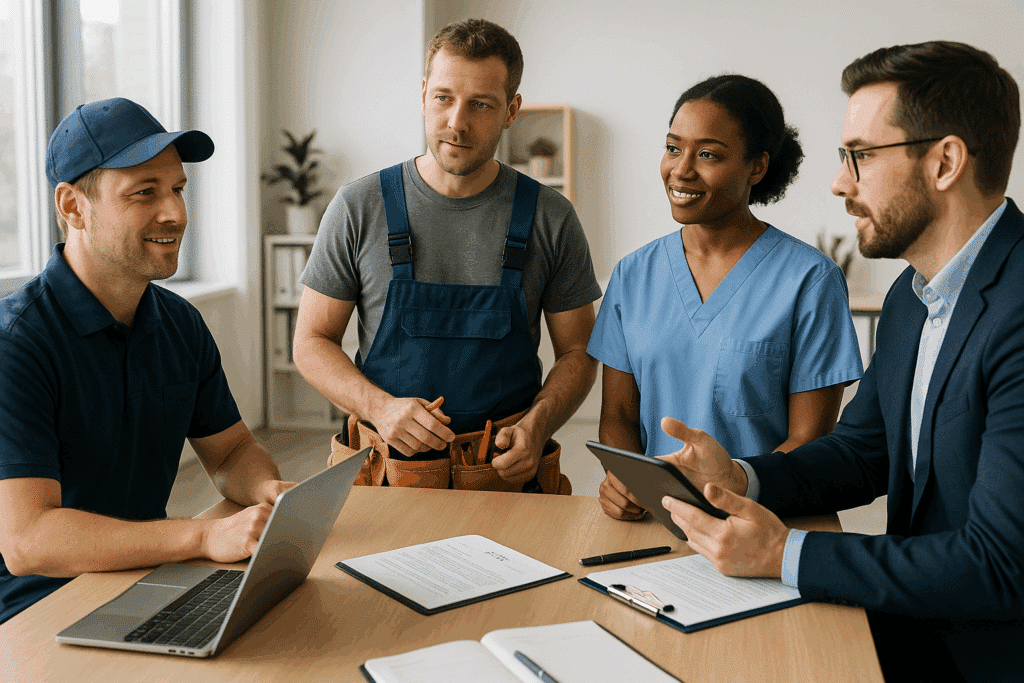 Hatékony toborzás hiányszakmákban – szakértők és szakmunkások együttműködése irodában.