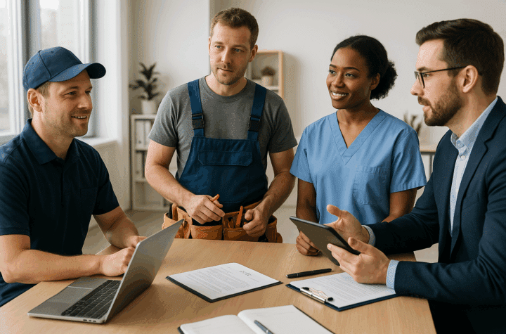 Hatékony toborzás hiányszakmákban – szakértők és szakmunkások együttműködése irodában.