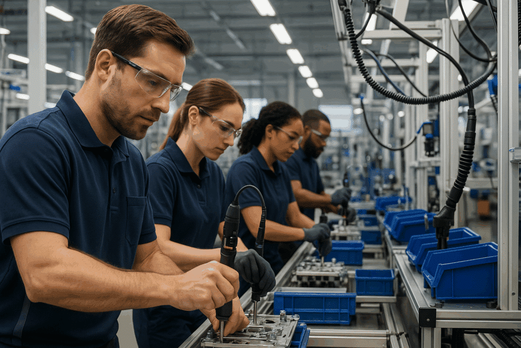 Modern összeszerelő állások biztonsági felszerelésben, precíz munkavégzéssel.