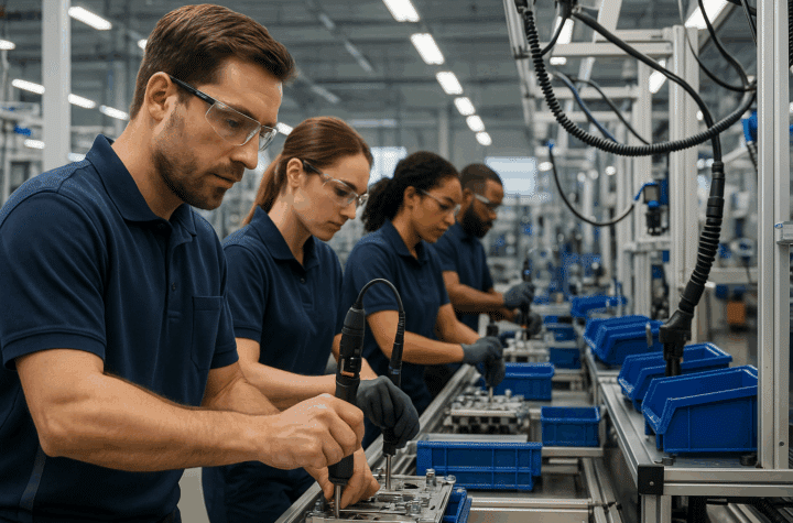 Modern összeszerelő állások biztonsági felszerelésben, precíz munkavégzéssel.