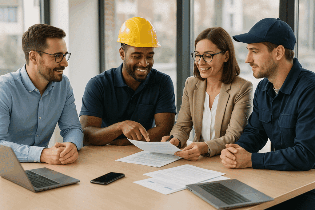 Üzleti megbeszélés modern irodában munkaerő-kölcsönzési szolgáltatás témában.