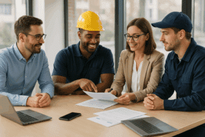 Üzleti megbeszélés modern irodában munkaerő-kölcsönzési szolgáltatás témában.