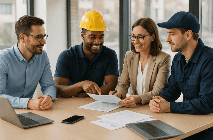 Üzleti megbeszélés modern irodában munkaerő-kölcsönzési szolgáltatás témában.