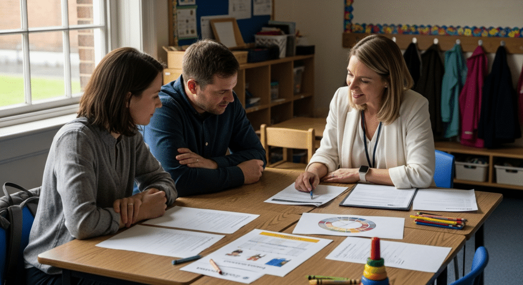 iskola- és óvodaválasztás konzultáció: tanácsadó és szülők megbeszélése