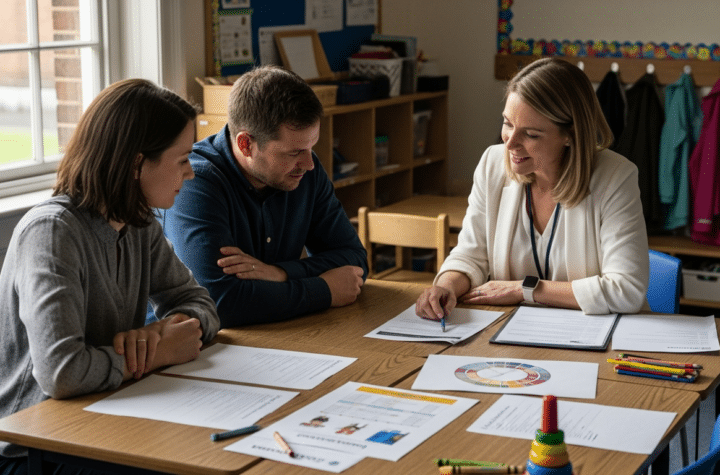 iskola- és óvodaválasztás konzultáció: tanácsadó és szülők megbeszélése
