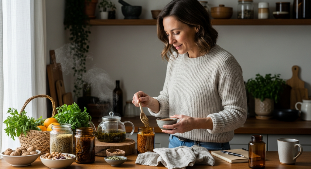 Középkorú nő természetes gyógymódot készít konyhában, ösztrogénhiány kezelése