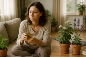 Fiatal nő PMS tünetei enyhítésére gyógynövényes teával a nappaliban.