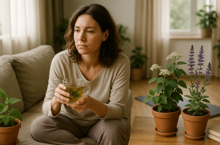 Fiatal nő PMS tünetei enyhítésére gyógynövényes teával a nappaliban.