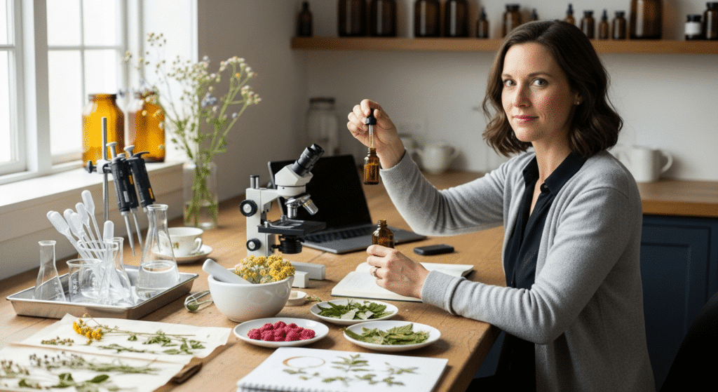 tudományos gyógynövényhasználat bemutatása: kutatónő tinktúrával laborban