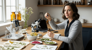 tudományos gyógynövényhasználat bemutatása: kutatónő tinktúrával laborban