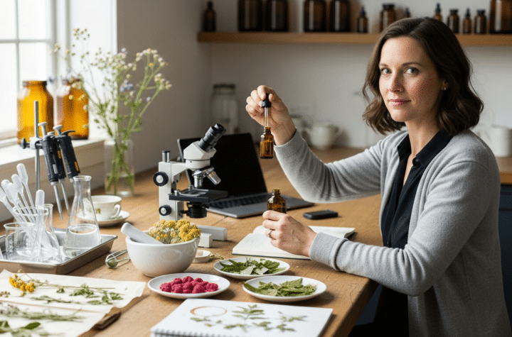 tudományos gyógynövényhasználat bemutatása: kutatónő tinktúrával laborban