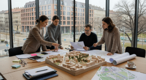 Városfejlesztés Zrt. csapata városrész makettje mellett megbeszélést tart