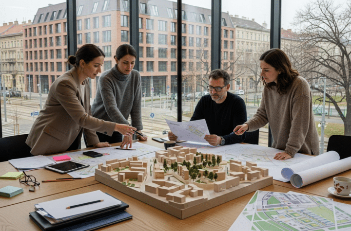 Városfejlesztés Zrt. csapata városrész makettje mellett megbeszélést tart