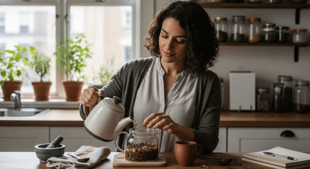 fitoterápia nőknek: nő gyógynövényes teát készít otthoni konyhában