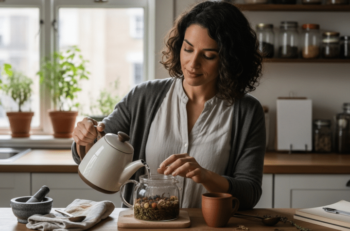 fitoterápia nőknek: nő gyógynövényes teát készít otthoni konyhában