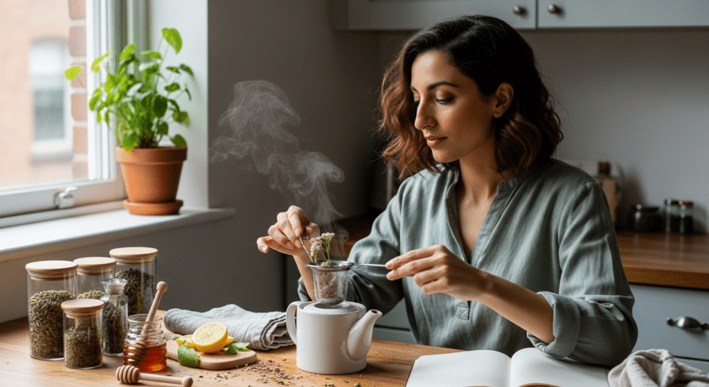 Nő erdei málna- és cickafarkteát készít a hormonális egyensúlyért