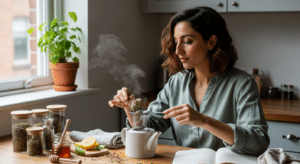 Nő erdei málna- és cickafarkteát készít a hormonális egyensúlyért