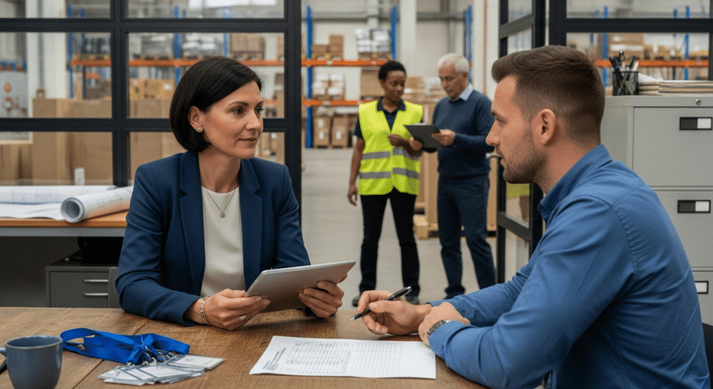 Munkaerő-kölcsönző szakember tárgyal ügyféllel ipari irodában logisztikai háttérrel