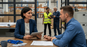 Munkaerő-kölcsönző szakember tárgyal ügyféllel ipari irodában logisztikai háttérrel