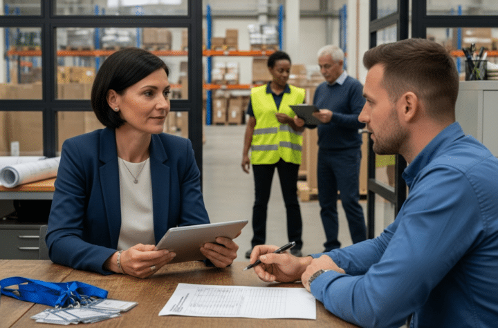 Munkaerő-kölcsönző szakember tárgyal ügyféllel ipari irodában logisztikai háttérrel