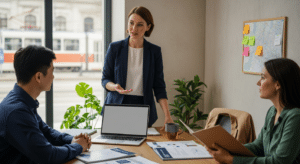 Munkaerőpiaci kommunikáció: tanácsadó irodában beszél ázsiai és európai jelöltekkel