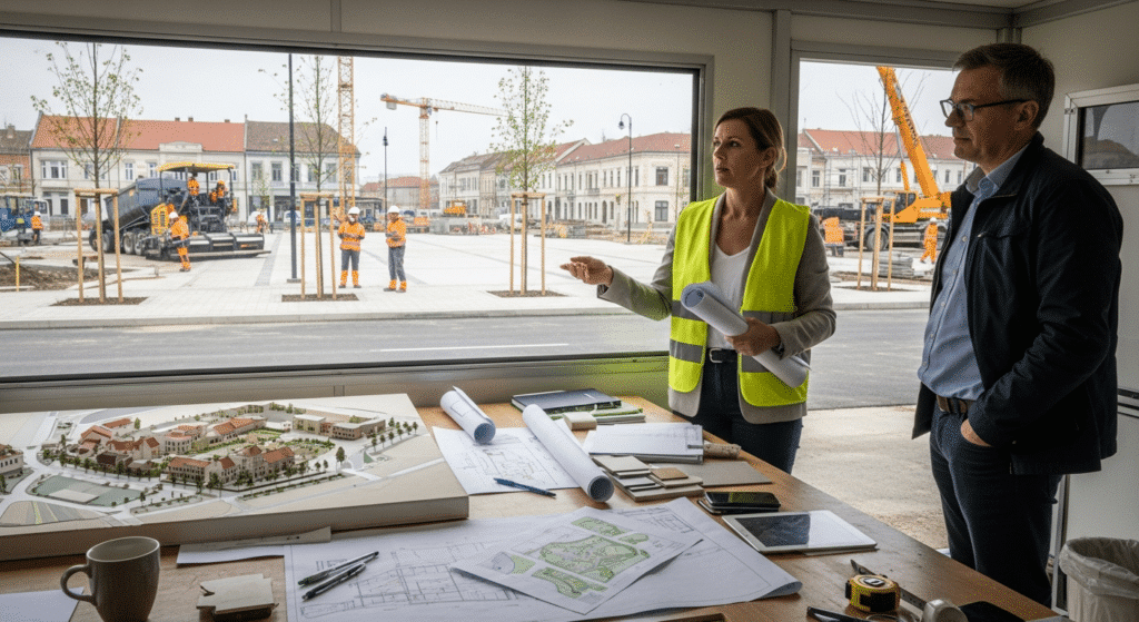 Új városközpont építés: női építész terveket mutat a terepasztalnál