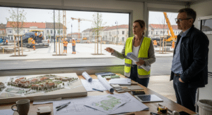 Új városközpont építés: női építész terveket mutat a terepasztalnál