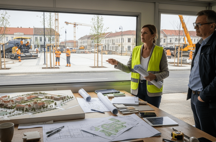 Új városközpont építés: női építész terveket mutat a terepasztalnál