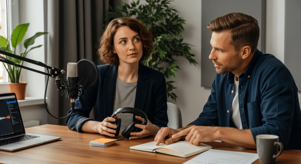 podcast szereplés felkészítés: coach segít női előadónak stúdióban
