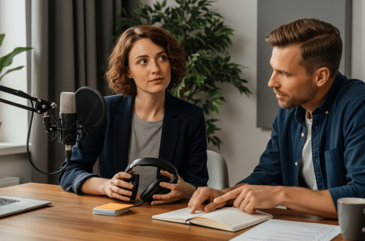 podcast szereplés felkészítés: coach segít női előadónak stúdióban