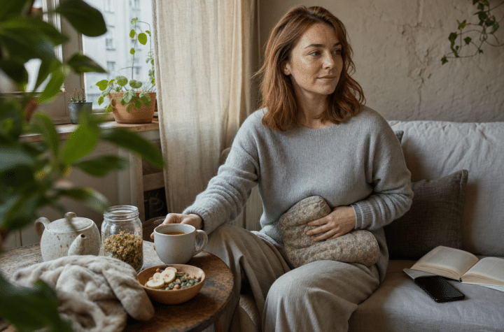 Nő melegítőpárnával és kamillateával menstruációs görcsök enyhítésére