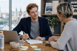 az eladó storepro.hu domain — alapító és tanácsadó aláírnak szerződést coworking irodában