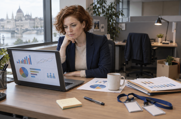 HR elemző fluktuáció adatait vizsgálja laptopnál, irodai portré